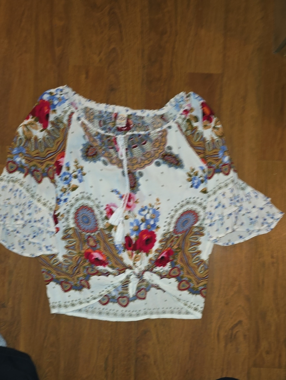 Bila White Boho Tie-Front Blouse with Red & Blue Floral Print